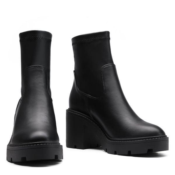 Elastic Chunky Heel Lug Sole Booties - BLACK PU - 4